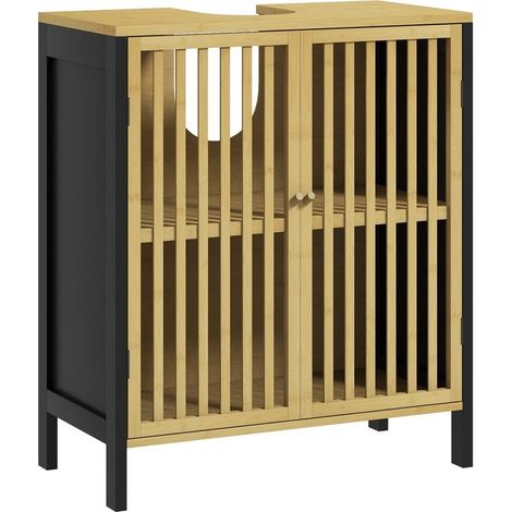 Furniture vasque 2 doors with shelf adjustable, storage for washbasin, 60 x 30 x 70 cm, MDF and bamboo (1/5)