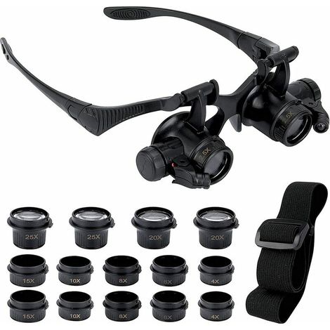 Lupe mit 2 LED-Leuchten, 8 abnehmbaren Linsen, Kopflupe, freihändige Lupe für Reparatur, Lesen, Schmuck, Uhren (2,5X 4X 6X 8X 10X 15X 20X 25X) (1/4)