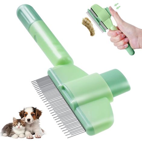 Brosse de démêlage verte pour animaux de compagnie avec bouton de déverrouillage - Nouvelle brosse de toilettage pour chats à poils courts et longs (1/5)