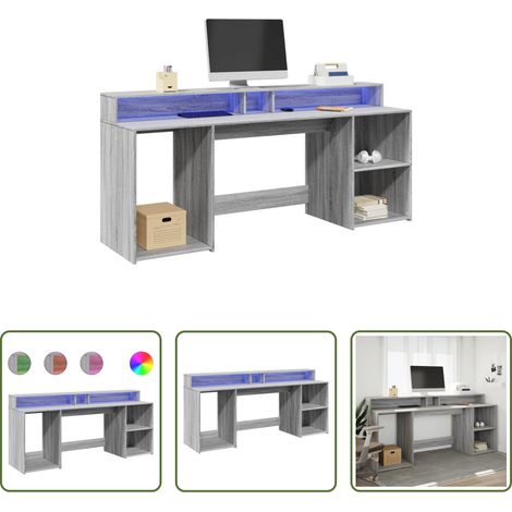 vidaXL Schreibtisch mit LED-Beleuchtung - LED-Schreibtisch Grau Sonoma 200x55x91 cm Holzwerkstoff (1/5)