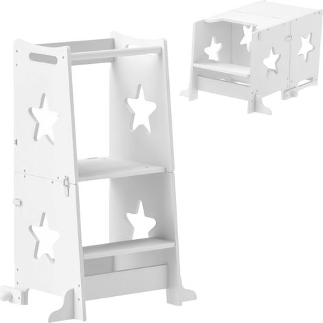 Échelle Montessori convertible en table et chaise avec barre de sécurité, en bois, 60 x 44,5 x 86 cm, blanche (1/5)
