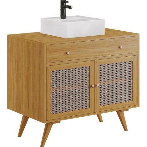 Meuble de salle de bain en teck clair et cannage avec vasque en céramique - 90 cm - MANSULAN (1/5)