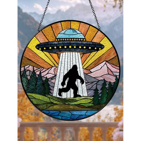 Attrape-soleil vitrail bigfoot et ovni forêt 9 cm, décoration fenêtre