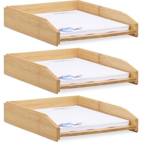 Relaxdays Set of 3 Document Filing Trays, Stackable, DIN A4 Letter Rack, Office, Desk, Bamboo, 6 x 25 x 33 cm, Natural (1/5)