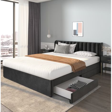 Lit rembourré moderne en velours noir 180x200 cm avec tête de lit haute, sommier à lattes et 2 tiroirs