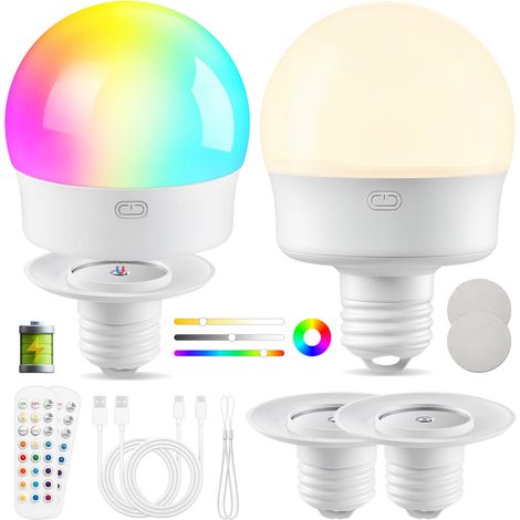 Lot de 2 ampoules LED à piles avec télécommande, magnétiques amovibles E27, design champignon, 3 couleurs + 12 RVB, minuterie à intensité variable, rechargeable comme lampe de table et lumière (1/5)