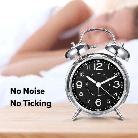 Réveil sonore conçu pour les gros dormeurs, réveil à piles à double sonnerie en métal de 10 cm, décoration de chambre, silencieux (argent). (1/4)