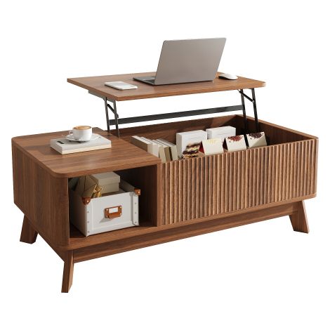 Table basse avec plateau relevable, design ondulé, compartiment latéral ouvert, en MDF, style moderne.