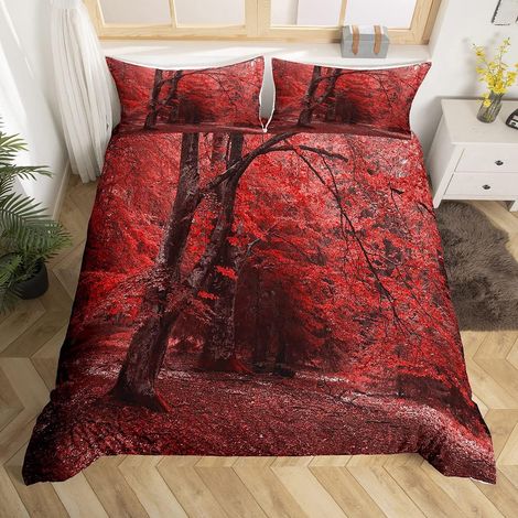Ensembles d'impression d'arbre de Housse de Couette Branche de Feuille Rouge Parure de lit 200x200cm Paysage Naturel d'automne Housse de Couette décor de Chambre boisé en Microfibre - 200x200cm (1/5)