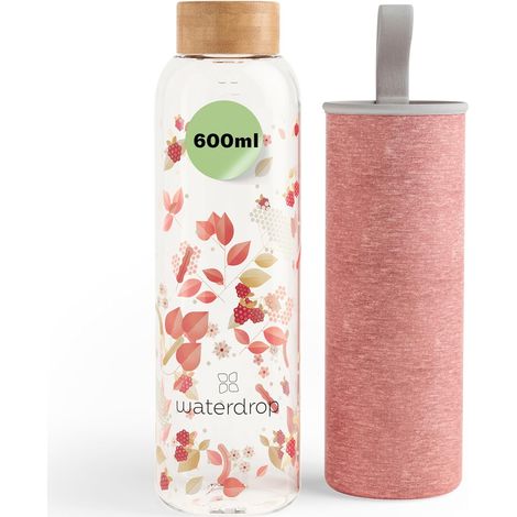 Bouteille en Verre 600ml - Gourde en Verre Borosilicate avec Bouchon Bambou et Housse, Sans BPA, Étanche, Idéale pour Maison, Bureau, Sport, Voyage (1/5)