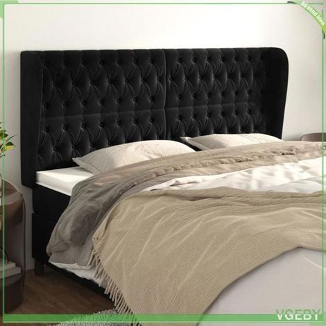 Tête de lit - avec oreilles - Velours noir - Hauteur réglable - 183 x 23 x 118/128 cm (1/5)