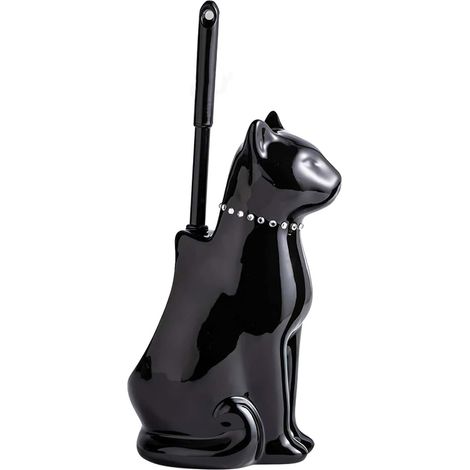 WC-Bürste und Halter aus Keramik, skurriles Katzen-Design mit breiter Öffnung, Verspieltes Toilettenschüsselbürste und Halter, niedlich, für Badezimmerboden, leicht zu reinigen, Geschenk (Schwarz) (1/5)