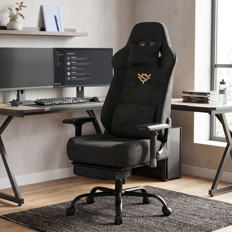 Chaise Gamer Ergonomique en Tissu Suédine avec Accoudoirs 4D et Repose-Pieds, 72 x 72 x (125-135) cm, Noir (1/5)