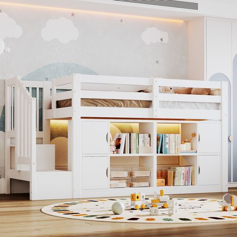 Lit mezzanine enfant 1 place 90 x 200 cm en pin massif blanc, escalier avec rangements, placards, étagères, éclairage LED multicolore (1/5)