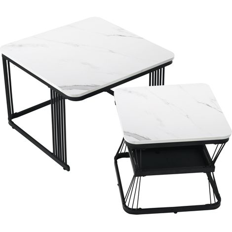 Set de 2 tables d'appoint modernes avec plateau en MDF aspect marbre blanc et pieds en acier noir mat (1/5)