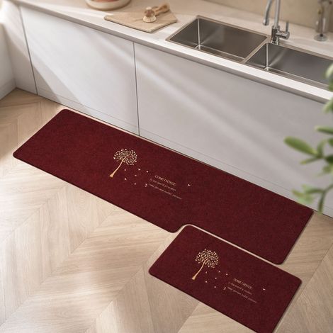 Lot de 2 Tapis de Cuisine Antidérapants et Absorbants en Polyester, Motif Pissenlit Rouge sur Fond Sombre, 40x60 cm et 40x120 cm, Lavables en Machine (1/4)