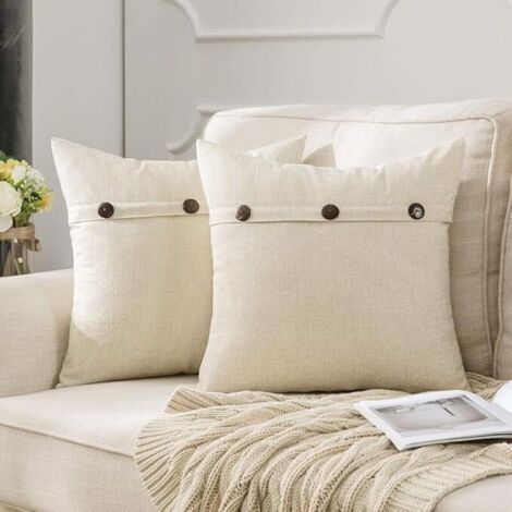 Set of 2 Linen Cushion Covers with Decorative Buttons, 45x45cm, Cream White, Elegant Style for Sofa and Living Room (1/4)