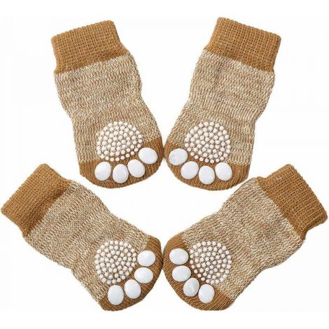 L 4 Pcs Chausettes Anti-Dérapantes Chien Chat Contrôle Traction pour Porter à l'intérieur, Chausettes Chien Chat pour Chien Chat avec Renforcement en Caoutchouc (marron, convient aux pieds de 3,5 à 4 (1/5)