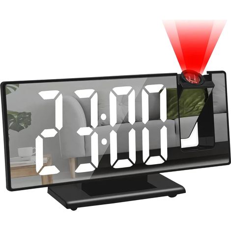 Réveil à projection, miroir rotatif à 180°, luminosité automatique, horloge numérique LED, alimentation USB, 4 niveaux de volume, mode nuit, température, heure, date pour la maison et les