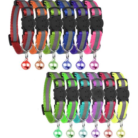 12PCS Collier Chat Réfléchissant,Collier Chaton Anti étranglement et Cloche,Réglable Collier pour Chat,Accessoire Chat et Animaux Compagnie (Rayures) (1/5)