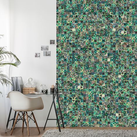 Papier peint intissé 250x150cm, style oeuvre d'art, mozaïque bleu/vert panoramique. Décorez votre intérieur avec ce papier peint unique. (1/2)