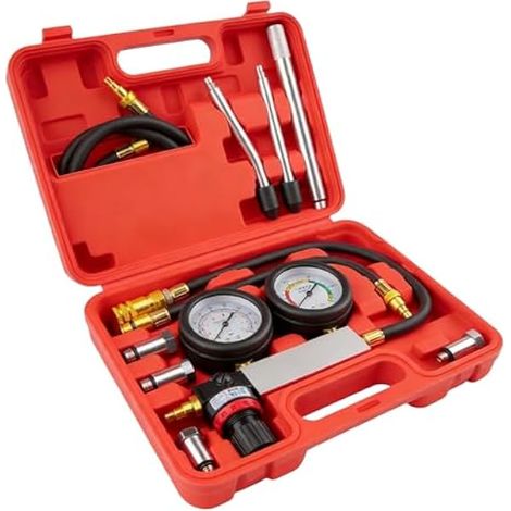 Testeur De Compression, Coffret De Compressiomètre Set, Kit De Testeur De Fuite De Cylindre, Avec Tige D'extension, Double Manomètre Pour Vérification De Pression Et Test De Taux De Fuite, Rouge (1/5)