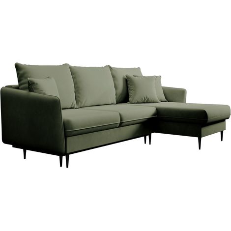 Selsey Volio – Ecksofa mit Schlaffunktion, Samt wasserabweisend, Universal, Füße Schwarz, Salbeigrün