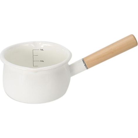 Pot à lait émaillé avec poignée en bois, compatible avec les plaques à gaz et à induction, idéal pour le petit-déjeuner de bébé, le lait et le café. Ustensiles de cuisine. (1/5)