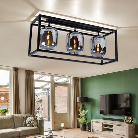 Lampada da soffitto Lampada in vetro 3 fiamme Paralume in vetro color fumo Lampada da soffitto tonda nera Lampada da soggiorno, vetro metallo, nero, 3x E14, LxH 77x32,5 cm