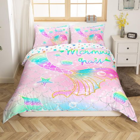 Parure de lit 135 x 200 cm pour enfant fille motif sirène, arc-en-ciel, rose, avec housse de couette réversible et motif d'étoiles de sirène, décor d'échelle (1/5)