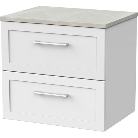 Stonnall Traditional Wall Hung 2 Drawers Vanity Unit with Marble Plaster Laminate Worktop, 600mm, Matt White