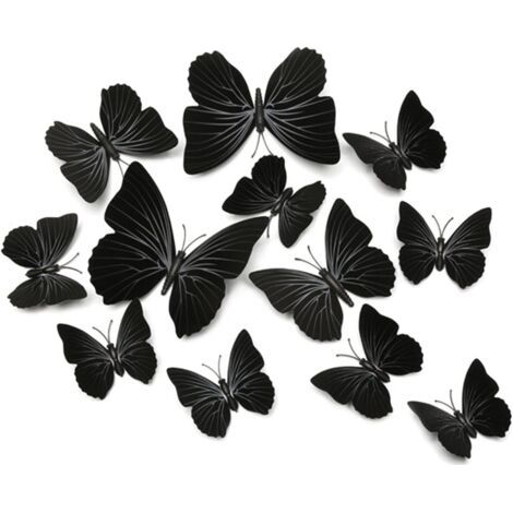 QORVA-Lot de 12 Noir Stickers Papillon, Autocollants Muraux 3D en Forme de Papillon Étanche Magnétique Pour Réfrigérateur Avec Ruban Adhésif Pour Décoration de Chambre à Coucher
