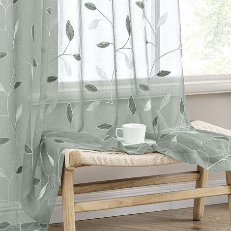 Rideaux transparents vert sauge, 1 pièce, motif de feuilles brodées, comprend un couvre-tringle, rideaux semi-transparents en faux lin avec motif floral, adaptés au salon, à la chambre et à la salle à (1/5)