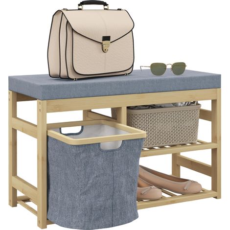 Meuble à chaussures avec siège, panier amovible et étagères ouvertes pour 4 paires de chaussures, 69 x 30 x 45 cm, naturel (1/5)