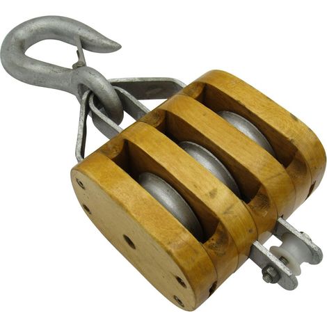 1 Ton 5" Treble Wood Block With Hook - 16MM Wire Rope Wooden (1/2)