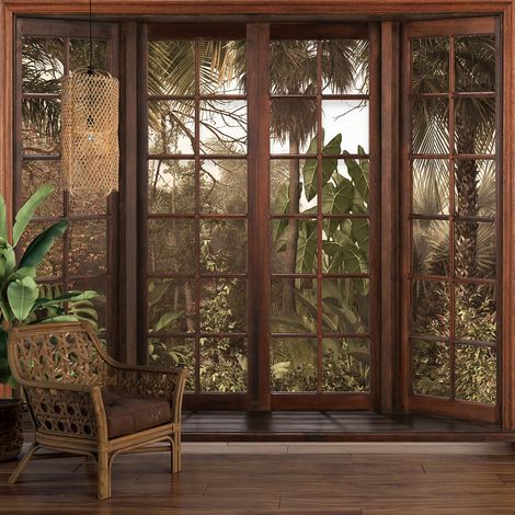 Papier peint panoramique Trompe l'oeil Fenêtre en bois - Forêt Tropicale - 130 cm x 104 cm (1/5)