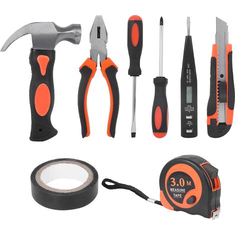 Kit d'outils de réparation de quincaillerie domestique 9 pièces comprenant : pinces, tournevis, ruban isolant et outils à main. (1/5)