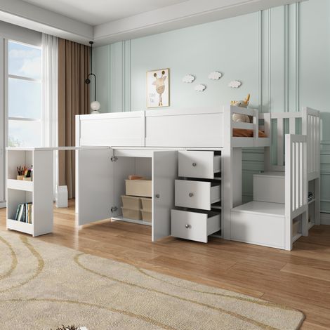 Kinderhochbett 90x200 cm, weißes MDF, Schreibtisch und Stauraum, ohne Matratze (1/5)