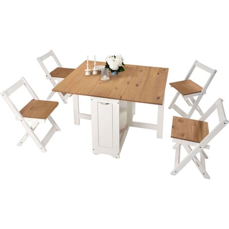 Set Mesa de Cocina Plegable con 4 Sillas Plegables Comedor o Cocina Belisim 2 Alas Abatibles Blanco mate y Roble