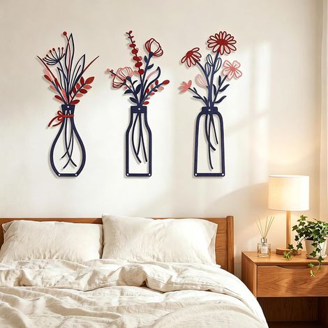 Set de 3 Décorations Murales en Métal Fleurs, Style Bohème Rustique, Sculptures Murales avec Vases et Silhouettes Florales Minimalistes, Art Mural pour Salon Chambre Cuisine (Bleu) (1/5)