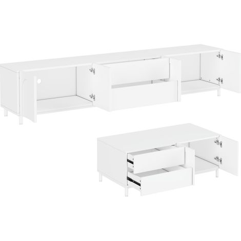 Ensemble meuble TV et table basse avec portes cintrées, bois panneaux et pieds acier, rangement salon blanc (1/5)