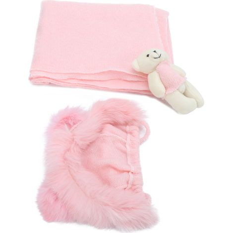 Ensemble bébé nouveau-né, bonnet doux pour la peau, poupée ours, accessoire de photographie (poupée bonnet rose) (1/5)