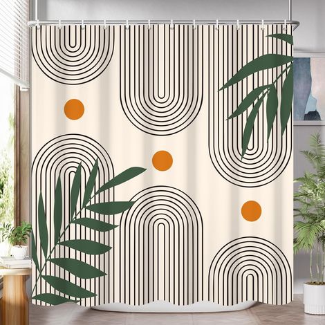 Rideau de Douche, 165x180cm, Abstrait Moderne Boho Orange Beige du Milieu du Siècle avec Feuille Verte Tissu Pmperméable Machine Lavable Rideau de Salle de Bain avec Crochets (1/5)