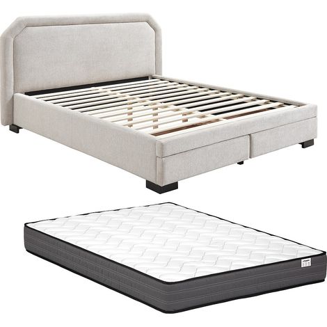 Lit avec tiroirs 140 x 190 cm - Tissu - Beige + Matelas - INASTO