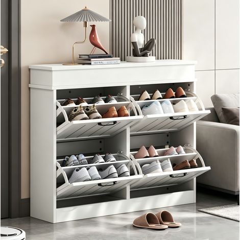 Meuble à chaussures 4 abattants, 105x24x83 cm, 8 étagères, avec rangement, en MDF, blanc (1/5)