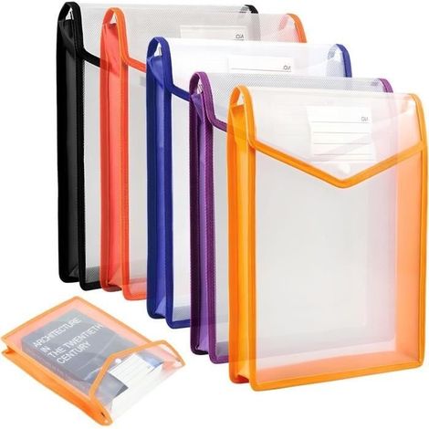 5 Pochettes Chemises en Plastiques Transparentes Classeur A4 Porte avec Rabat de Rangement Papier Documents Couleur File Folders (1/4)
