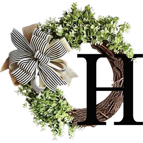 Couronne de porte avec lettre en bois H décorée d'un ruban - Frontière Verte - Grapevine Base - 36cm - Cadeau élégant (1/5)