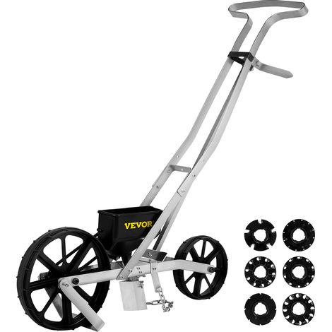 VEVOR Seminatrice da Giardino in Alluminio, Seminatrice a Spinta Manuale Lunghezza da 78 cm a Due Ruote da 6 cm e 5 cm, Spandiconcime per Spargere Concime Semi con 6 Piantatrice per Orti e Giardini (1/5)