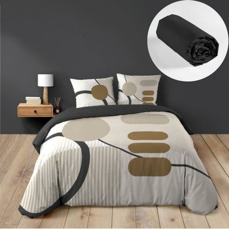 Pack Parure de couette 240 x 220 cm – Coton 42 fils – SANTANA + Drap Housse 140x190 cm Noir