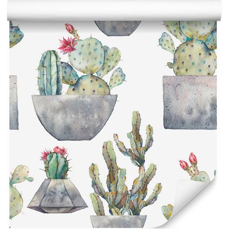 Papel pintado de cactus con flores para salón y dormitorio, 50x1000 cm (1/5)